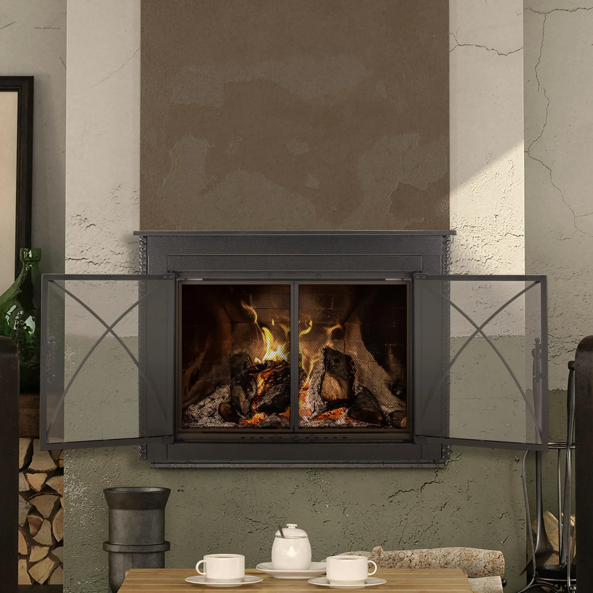 Albus cabinet doors open over a lit fire