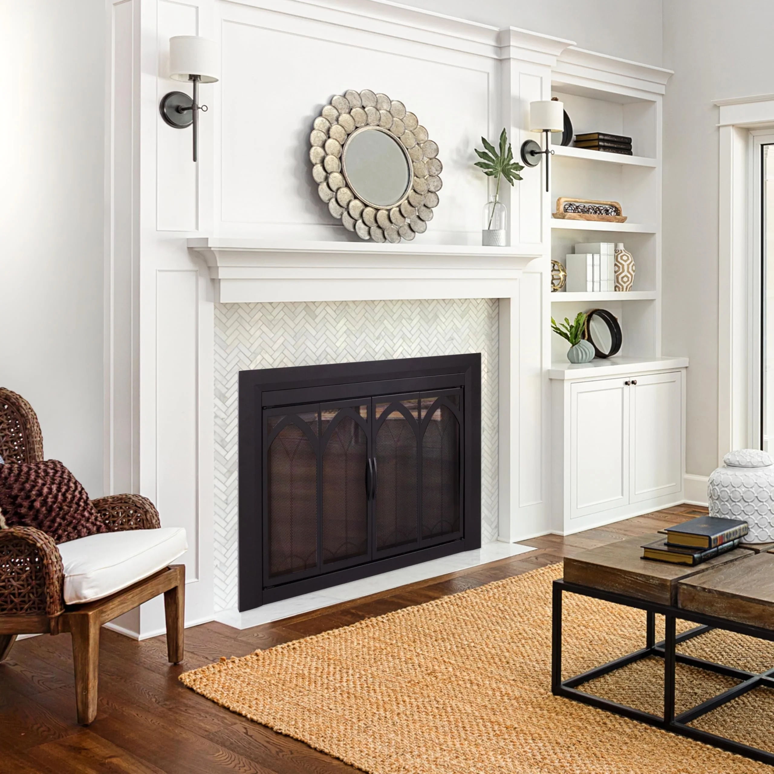 Collin glass doors closed on a painted mantel