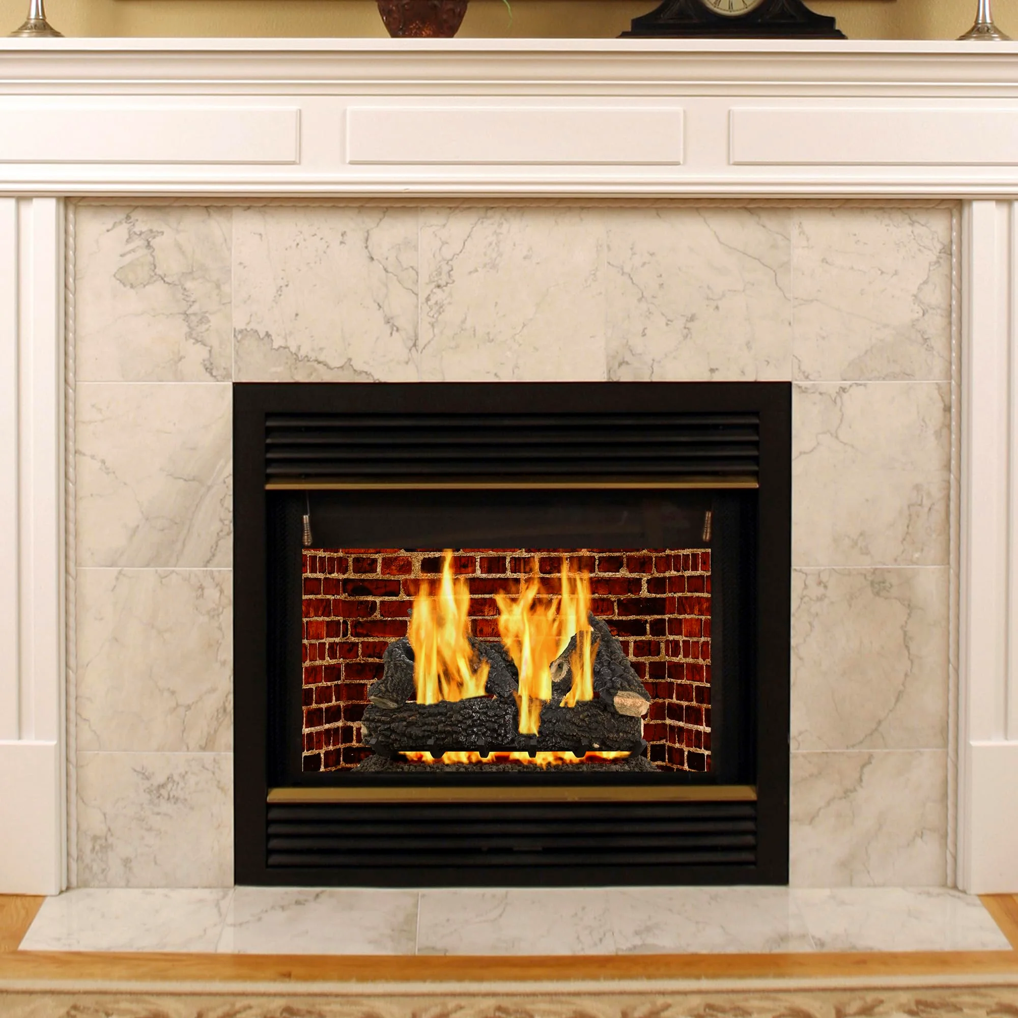 A vented Arlington Ash log set in a masonry firebox
